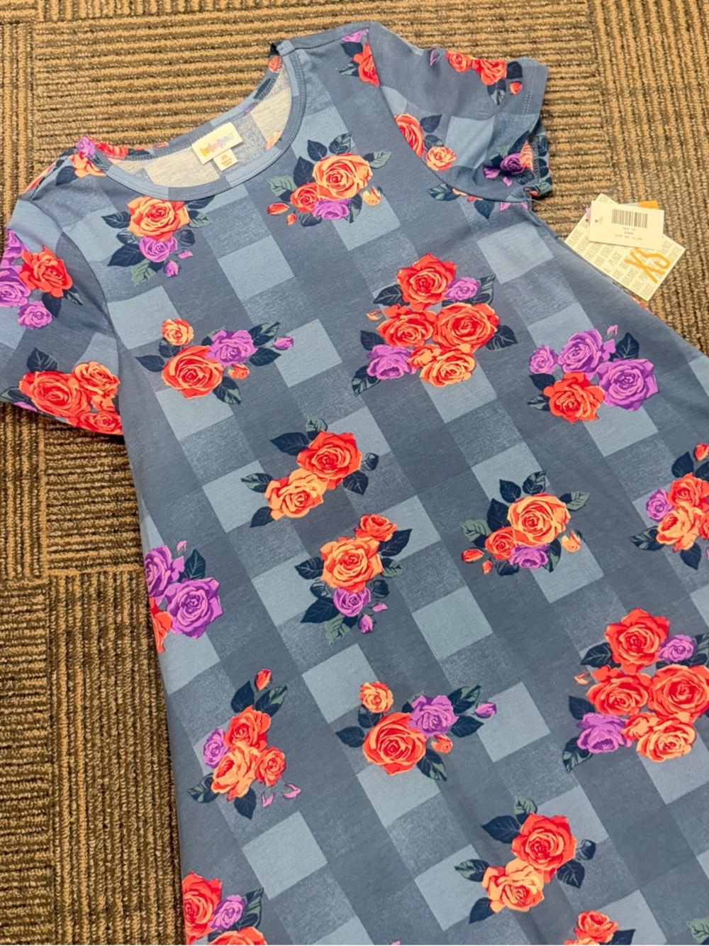 NWT LuLaRoe Carly Blue Plaid Check Dress Rose Print Sz XS
